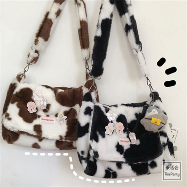

new soft plush women furry messenger bag cow pattern ladies tote shoulder bags winter fashion female girls purse handbags c0225
