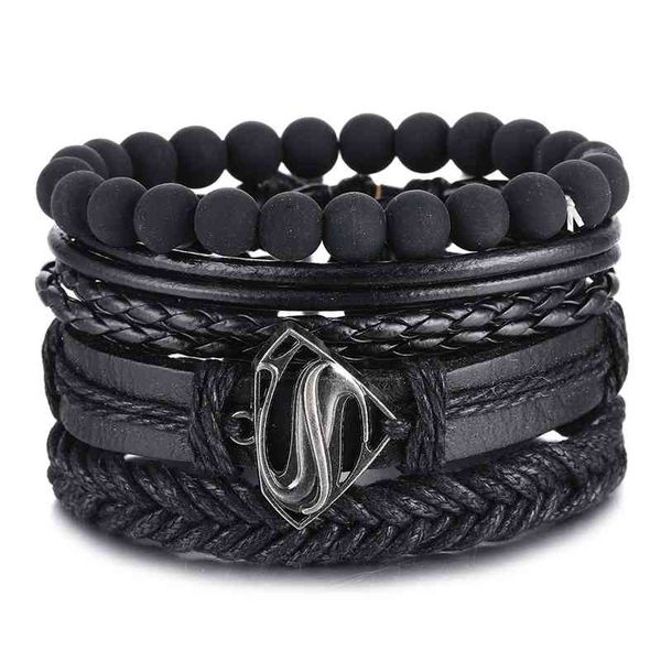 

ifmia vintage black bead bracelets for men fashion hollow triangle leather bracelet & bangles multilayer wide wrap jewelry, Golden;silver