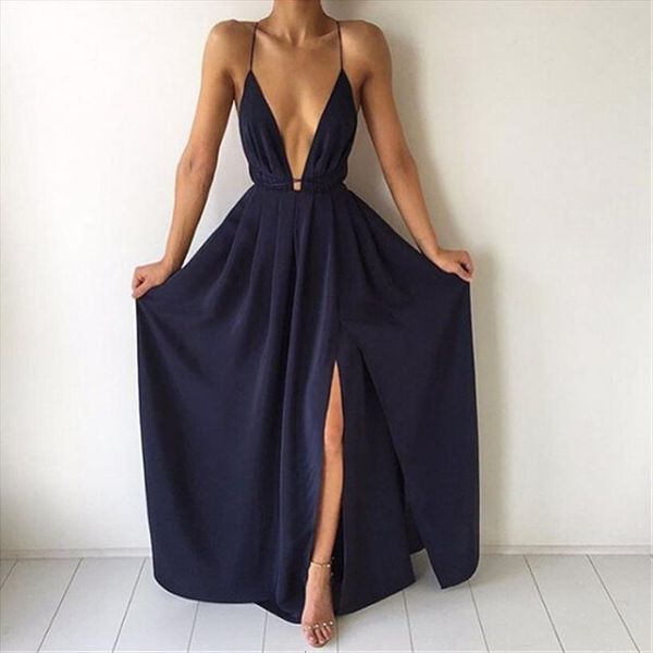 

summer maxi solid color womens dresses deep v neck sleeveless spaghetti strap backless high split long sundress vestidos, Black;gray