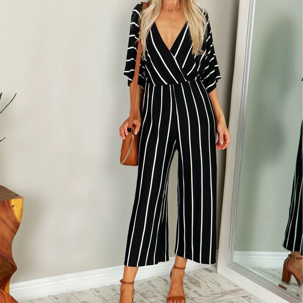 

new women striped short sleeve loose baggy trousers overalls ladies summer casual long pants romper jumpsuit, Black;white