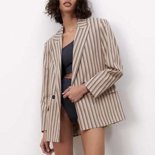 

women blazer jacket 2021 striped printed double breasted coat notched vintage long sleeve pocket female outerwear ol chic women's suits, White;black