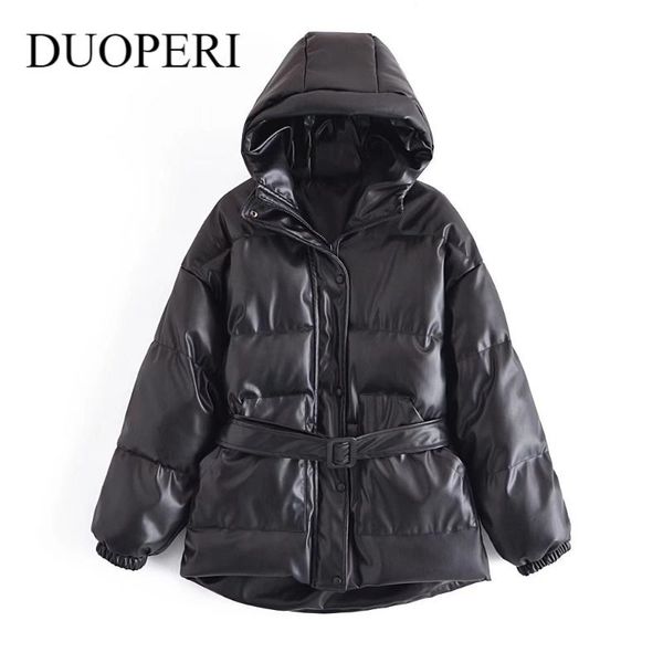 

women's jackets duoperi women fashion with belt pu front zipper solid jacket vintage long sleeves hodded neck female coat chic outfit, Black;brown
