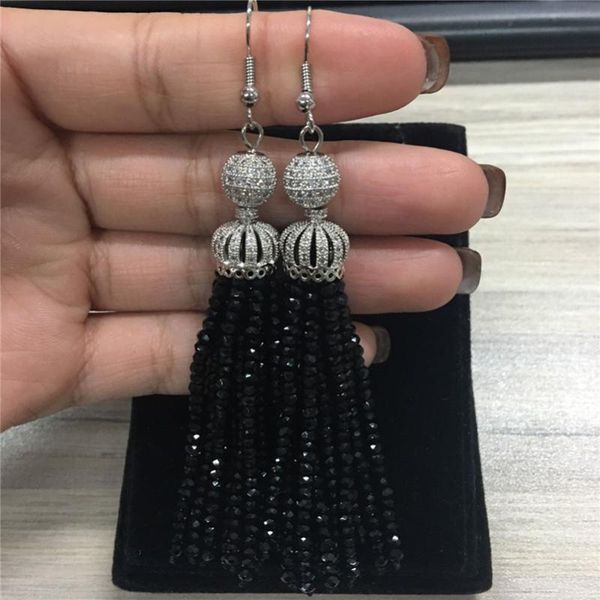 

bohemia black beaded tassel earrings paved cz ball drop long earring woman party tassel earring statement, Silver