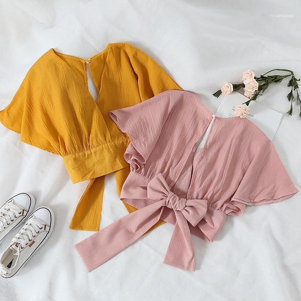 

korean women's summer loose v-neck butterfly sleeve shirts lace-up bow blouses careful machine backless short shirt, White