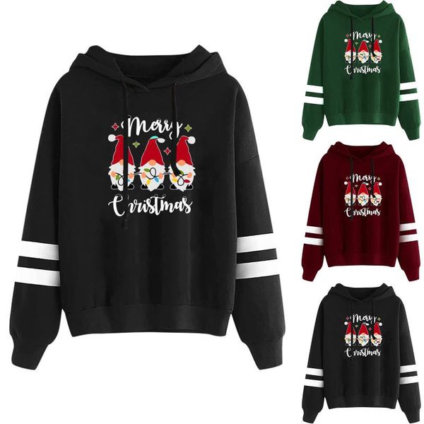 

women's hoodies & sweatshirts plus size christmas gnome printed long sleeve hooded sweatshirt ladies loose drawstring hoodie, Black