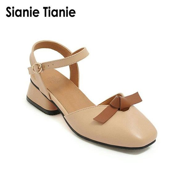 

dress shoes sianie tianie 2021 summer sweet lady shoe cover toe square med heels buckle strap woman gladiator sandals with bowtie knot, Black
