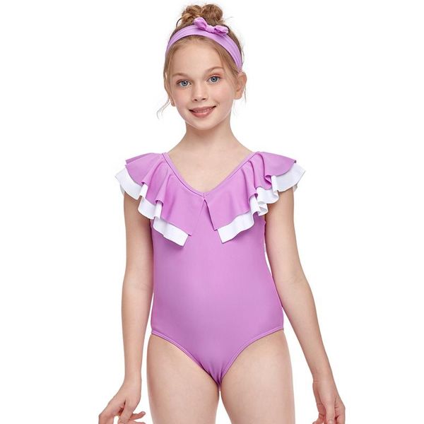 

toddler baby girls swimsuits children one piece solid color ruffle collar backless bikini beachwear cute bathing swimwear 2021