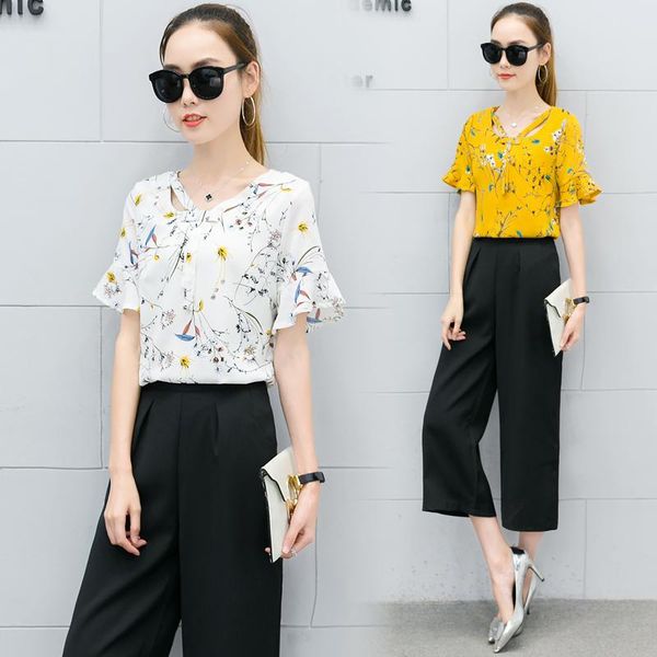 

women's tracksuits women summer wide-legged pants suit floral chiffon short-sleeved blouse two-piece clothing set lady casual outfit s-, Gray