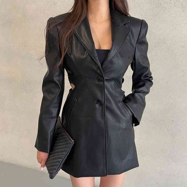 

casual dresses [ewq] korean fashion women black notched waist exposed hollow out slim long sleeved leather dress female 16e4302 sjyd, Black;gray