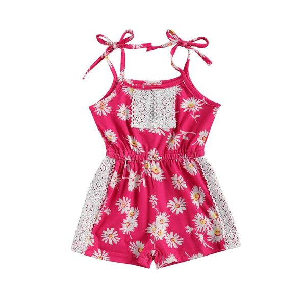

2-6years kids toddler girls strap sleeveless romper jumpsuit, one pieces daisy printed lace patchwork short playsuit, Blue