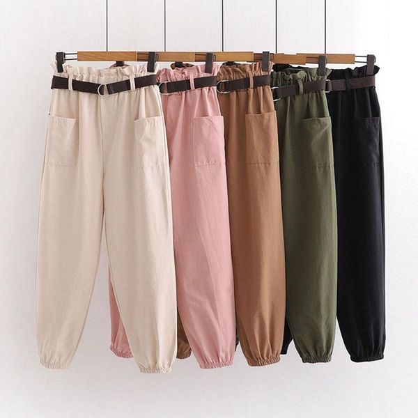 

women's pants & capris spring loose solid high elastic women summer casual cargo waist girls ankle-length cotton trousers with belt pan, Black;white