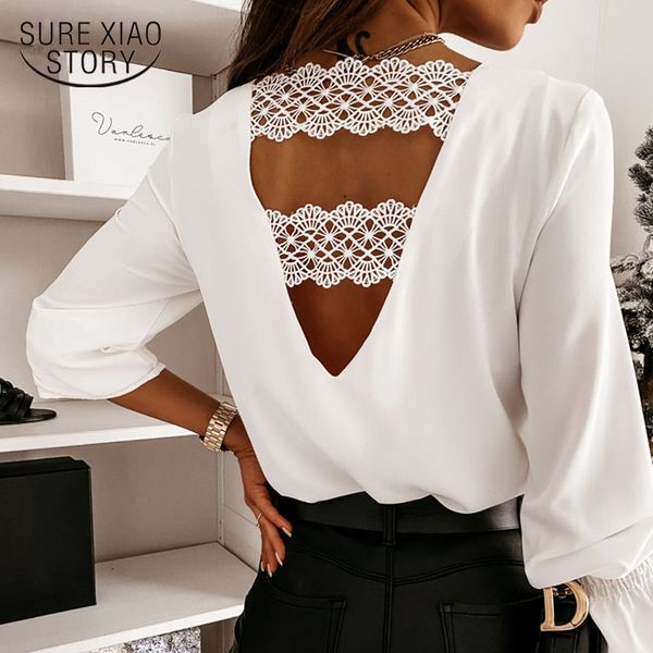 

fashion backless blouses spring hollow out lace blouse women shirt long sleeve white shirts v-neck blusas 12460 210417
