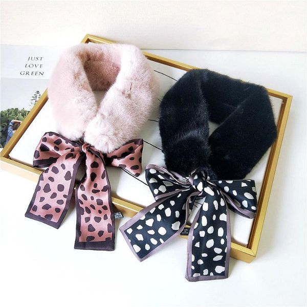 

scarves autumn winter warm fake fur collar scarf for women poka dot ribbon neckerchief ladies, Blue;gray