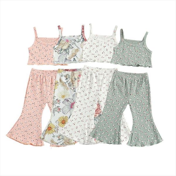 

summer lovely kids girls clothes sets 1 6y flowers printed strap sleeveless vest flare pants 2pcs, White