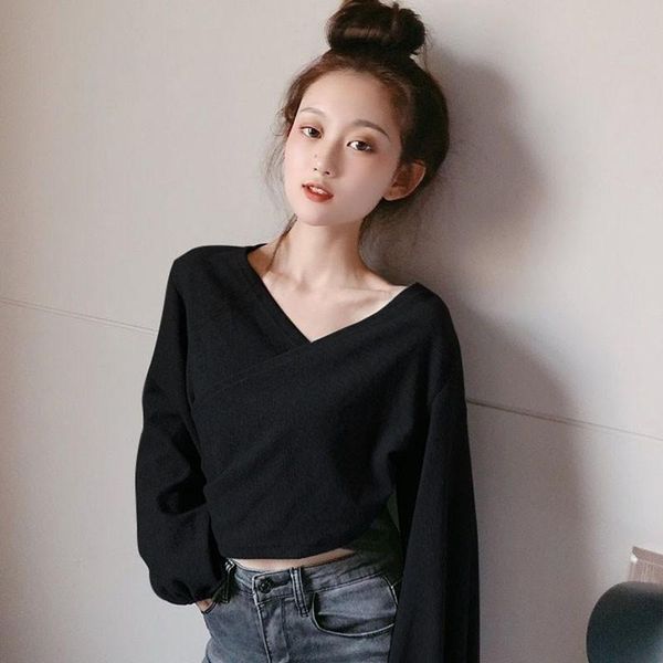 

women's t-shirt spring women clothing tshirt solid color v-neck casual elegant loose long sleeve gothic aesthetic tee shirt femme, White