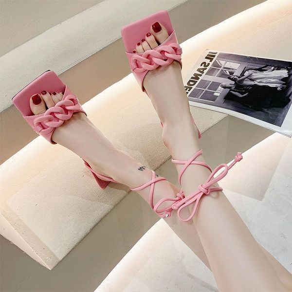 

dress shoes women open toe sandalias cross tied high heels 2021 summer fashion design chain square head ladies sandals, Black
