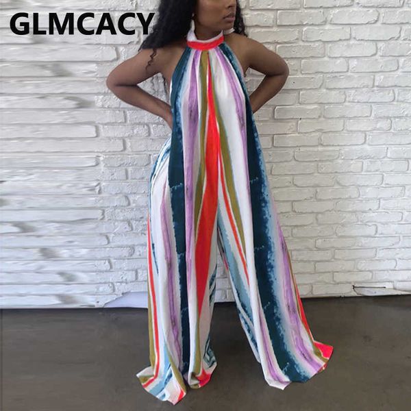 

halter backless abstract striped jumpsuit summer loose wide leg overalls 210702, Black;white