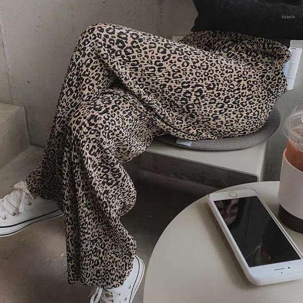 

women's pants & capris 2021 summer women fashion leopard print female casual all match chiffon wide leg elastic waist full length indie, Black;white