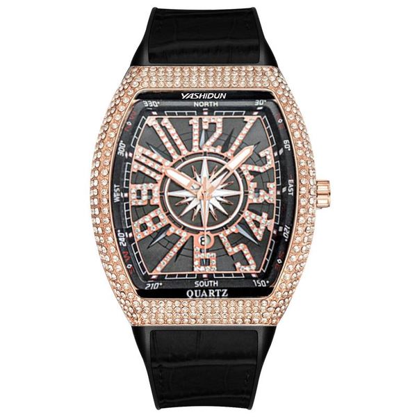 

wristwatches watch for men full diamond watches barrel quartz waterproof meter wristwatch christmas gifts relogio masculino, Slivery;brown