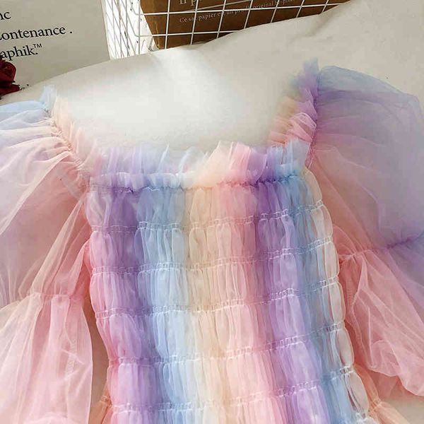 

women's knits & tees sweet japan women blouse summer fashion puff sleeve cute ladies rainbow short casual mesh tunic drop 5g5, White