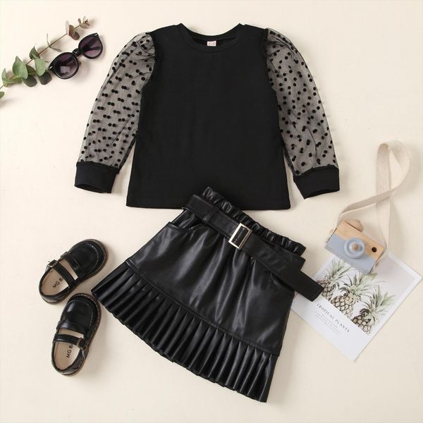 

2 7y fashion toddler girls clothes sets 2pcs polka dot mesh puff sleeve t shirts leather a line skirts, White