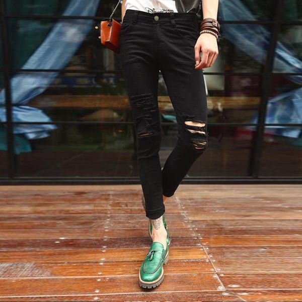 

men's jeans influx male europe and america black knee hole korean version of the nine pants summer large size bro, Blue