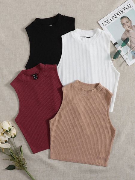 

4pcs mock neck rib knit tank p4es#, White