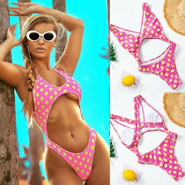 

women high waist one-piece polka dots swimsuit beachwear swimwear push-up monokini