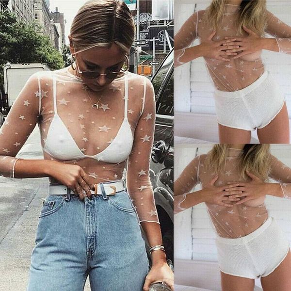 

women's t-shirt fashion casual sheer mesh see-through long sleeve t shirt pullover white top