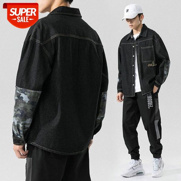 

men's camouflage stitching denim shirt youth casual fashion clip #yk6x, White;black
