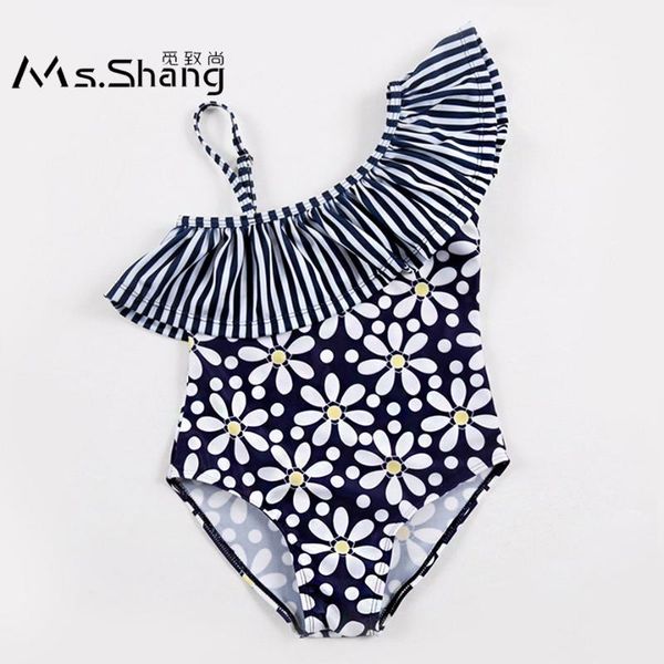 

one-piece suits 2021 baby girl swimming suit kids one piece swimsuit floral print toddler bathing shoulder children swimwear 3-8y