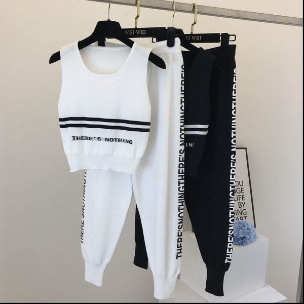 

women knit vest pants tracksuits letters print striped jumpers woman summer casual clothing sets, Gray