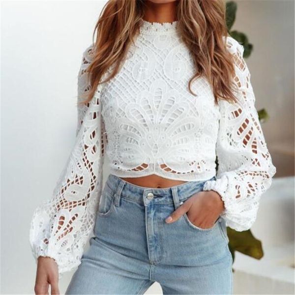 

women's blouses & shirts lace hollow crochet long sleeve back zipper cut casual shirt, White