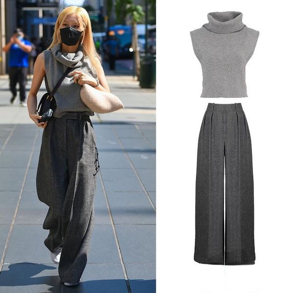 

women's two piece pants kpop korea celebrity rose streetwear grey turtleneck sleeveless vest loose casual wide-leg straight trouser, White