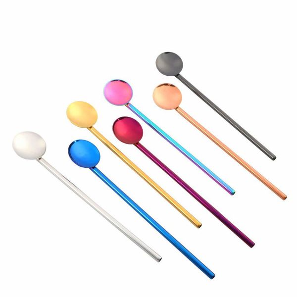 

spoons stainless steel long spoon rainbow titanium plating straight teaspoon stirring coffee for home party tableware random