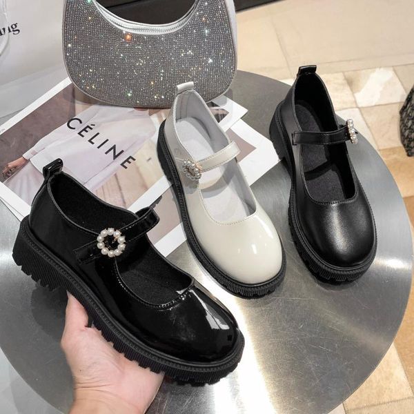 

dress shoes student college girl lolita jk uniform pu leather heart-shaped ankle-strap mary jane pearl, Black