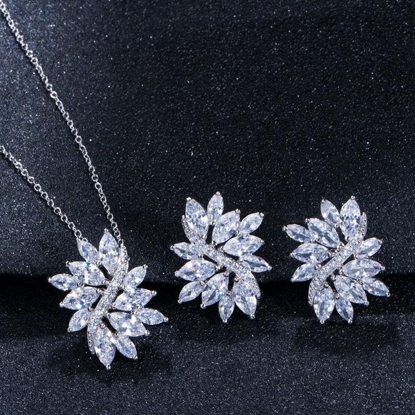 

earrings & necklace delicate white cubic zirconia women big pendant and earring sets wedding bridesmaids jewelry gift, Silver