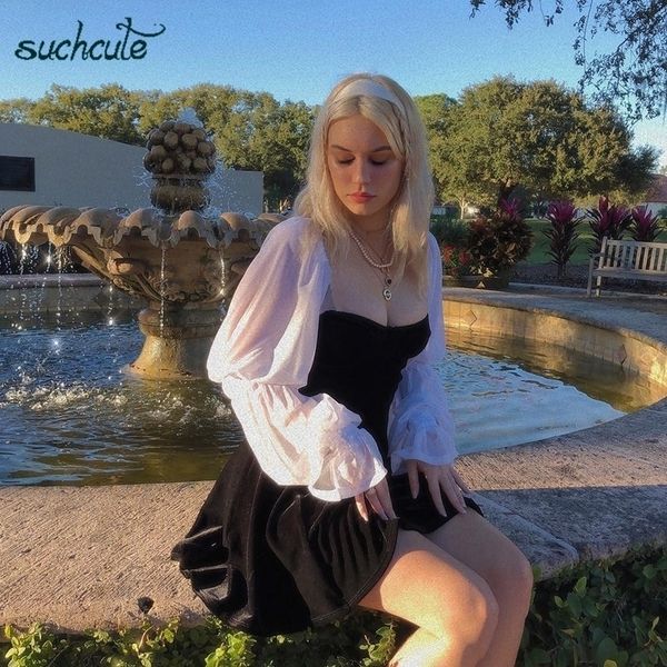 

suchcute patchwork dress for women modis autumn harajuku ladies sukienki female dresses roupas feminina woman party night 210316, Black;gray