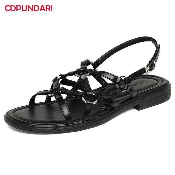 

sandals fashion genuine leather flat gladiator women summer casual shoes sandales femmes Ã©tÃ© nouveau 2021 sandalias mujer, Black