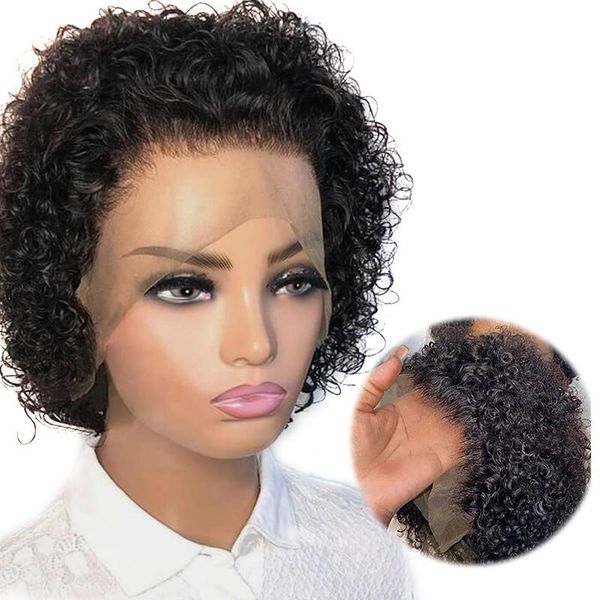 

lace wigs short pixie cut curly human hair front for black women malaysian glueless frontal wig preplucked, Black;brown