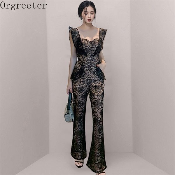 

rompers women jumpsuits summer square collar flying sleeve black lace wide leg high waist overalls for 210602, Black;white