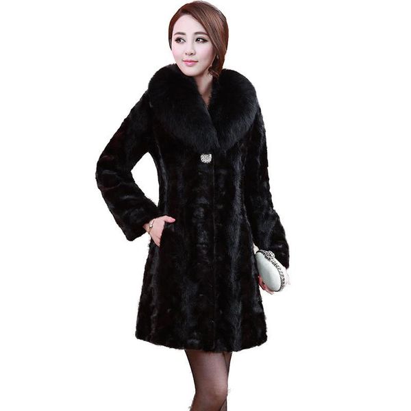 

2021 autumn 100 genuine mink coat with natural fox collar long female real fur t186 vfwa, Black