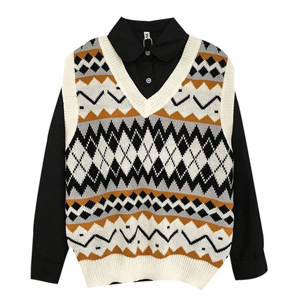 

2021 geometric vintage preppy style sweater vest women tank v-neck sleeveless autumn new korean fashion casual teens girls dr3h, White;black