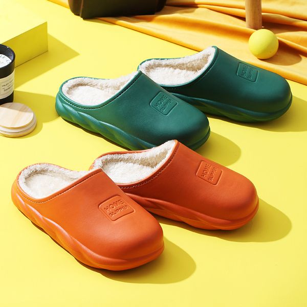 

winter waterproof cotton slippers couples women's feeling of stepping on shit indoor residential plush warm thick soled shoes men', Black