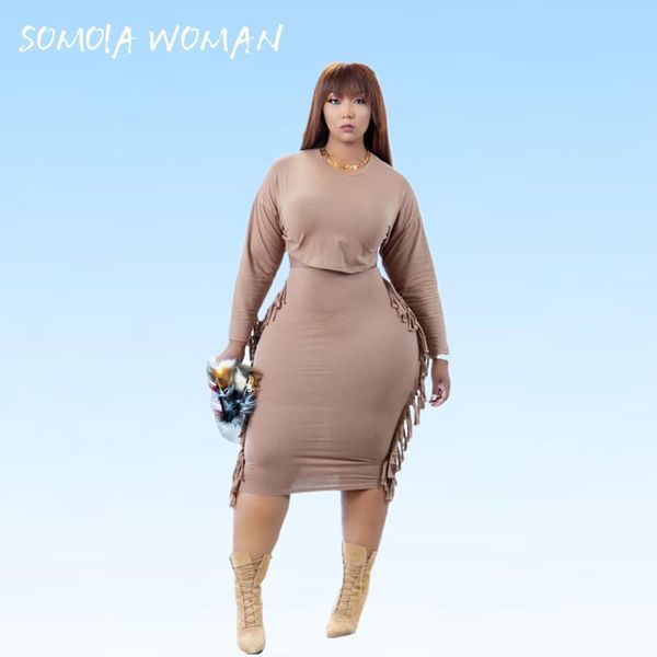 

plus size tracksuits women clothing temperament tassels skirts sets solid crew neck long sleeve two piece set tights outfit wholesale, Black