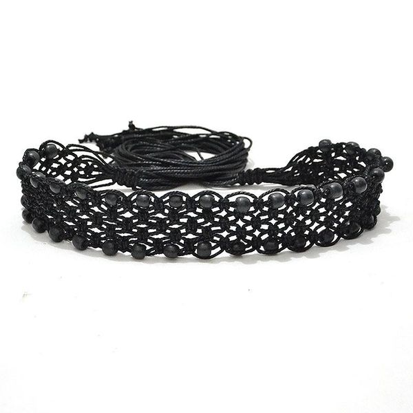 

belts vintage knitted wax rope wooden bead waist women belt woman hollow woven female hand-beaded braided, Black;brown