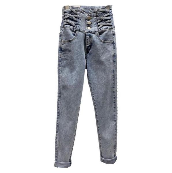 

fashion cross strap high waist stretch slim fit jeans women new arrivals denim pencil pants streetwear s654, Blue