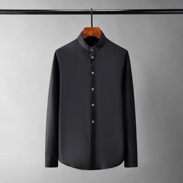 

men's casual shirts stand collar male luxury plum blossom rivets long sleeve solid color mens dress slim fit party mans 4xl, White;black