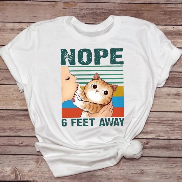 

women t-shirts cartoon striped cat funny cute clothing 90s animal lady tshirt female ladies print graphic tee t-shirt, White