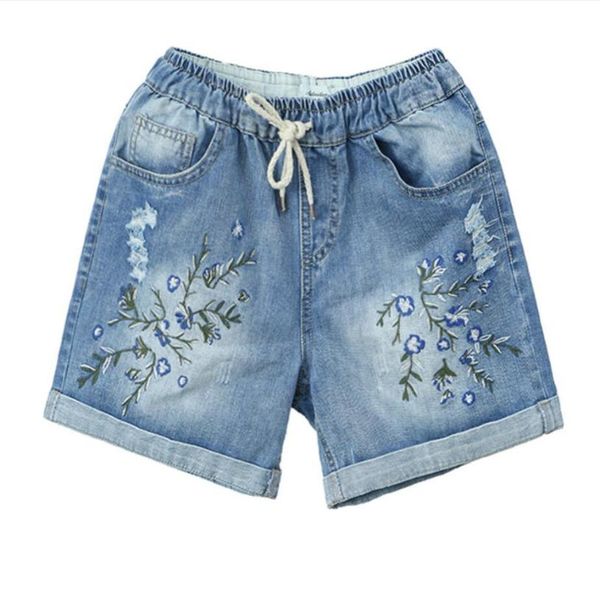 

new summer floral embroidery cotton denim shorts women elastic waist vintage loose jean shorts plus size 3xl 1185, White;black